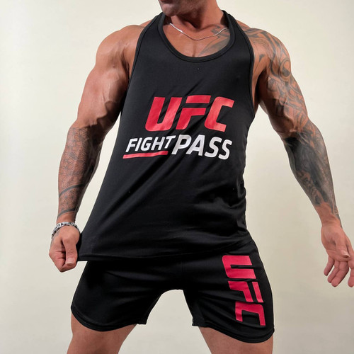 ست رکابی و شلوارک بدنسازی مدل UFC پارچه سوزنی تنفسی با ضمانت تک رنگ مشکی